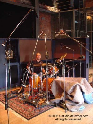 Drummer Phil Robertson in the studio